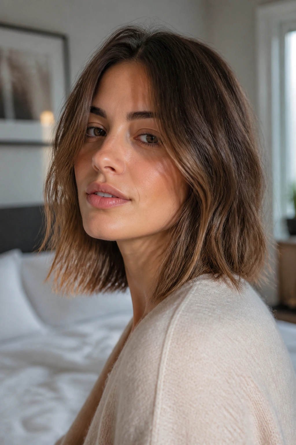 Close-up portrait of a real woman with a French lob in natural window light
