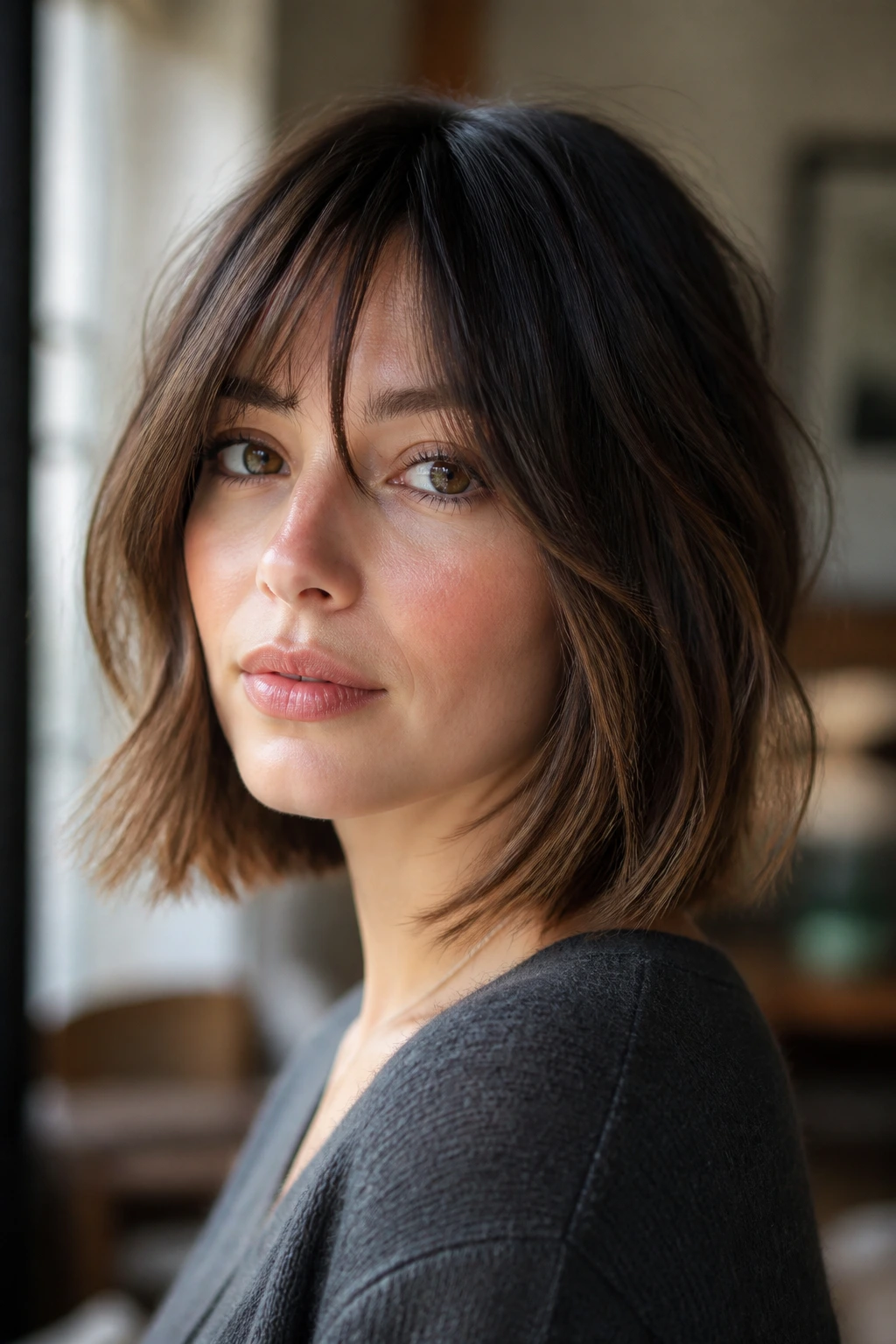 Close-up portrait of a person with a French lob and light texture.