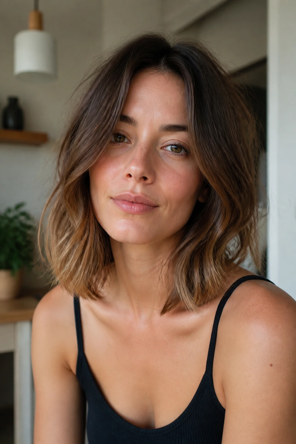 Close-up of a real woman with a French lob and undone texture