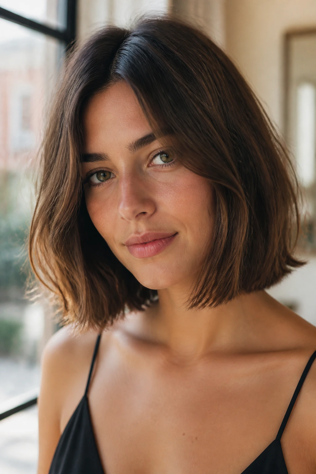 Portrait showing a collarbone-skimming French-inspired lob with light texture