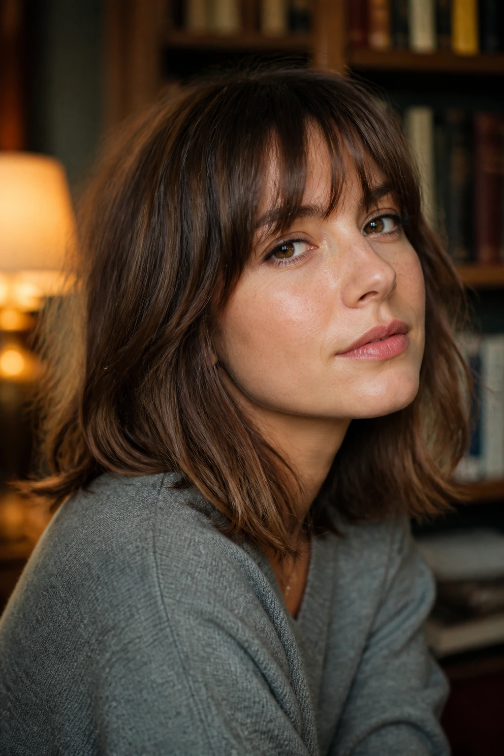 Portrait of real woman with French Midi and Soft Piecey Fringe in library light
