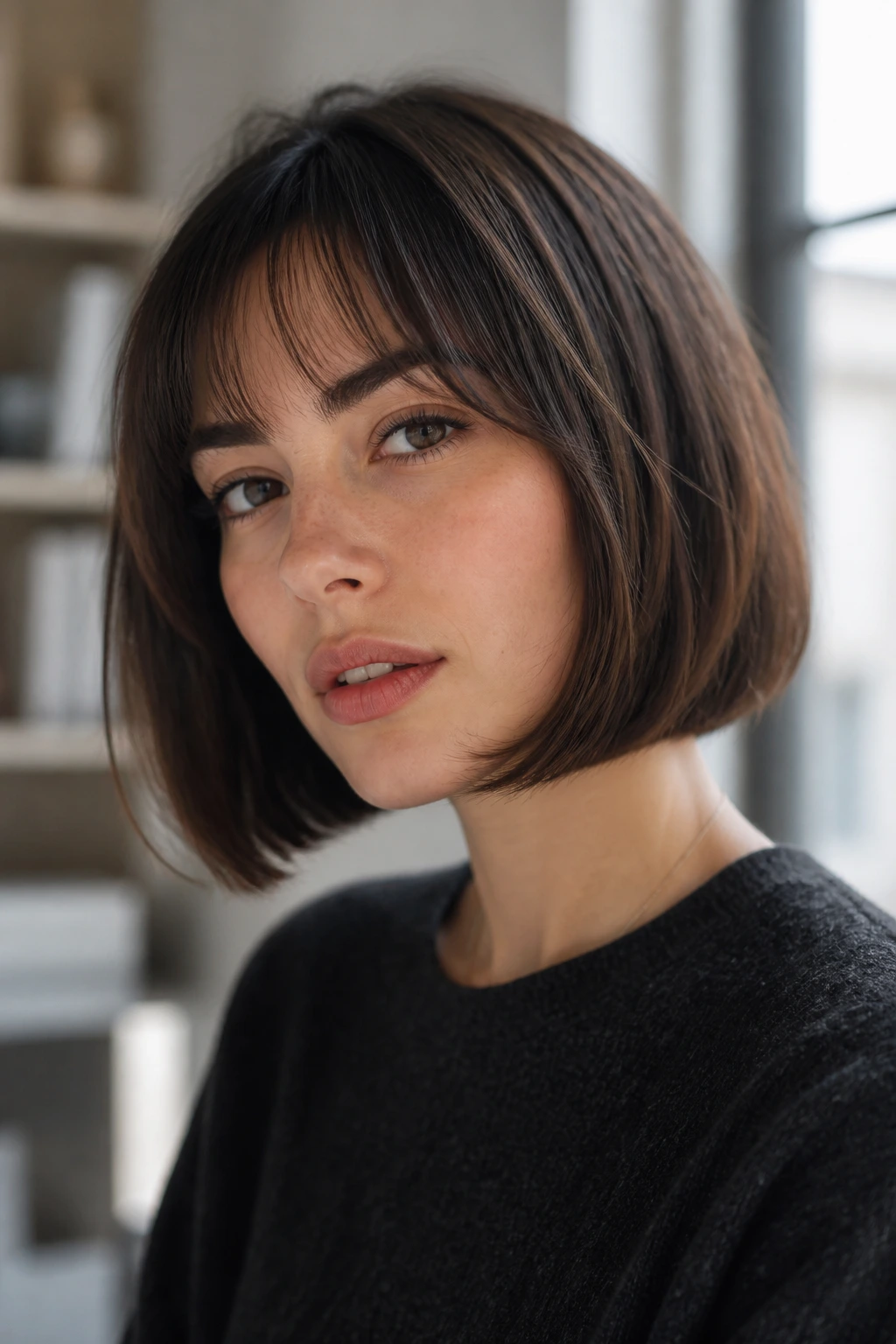 Portrait of a real person with a French Office Bob featuring a soft fringe