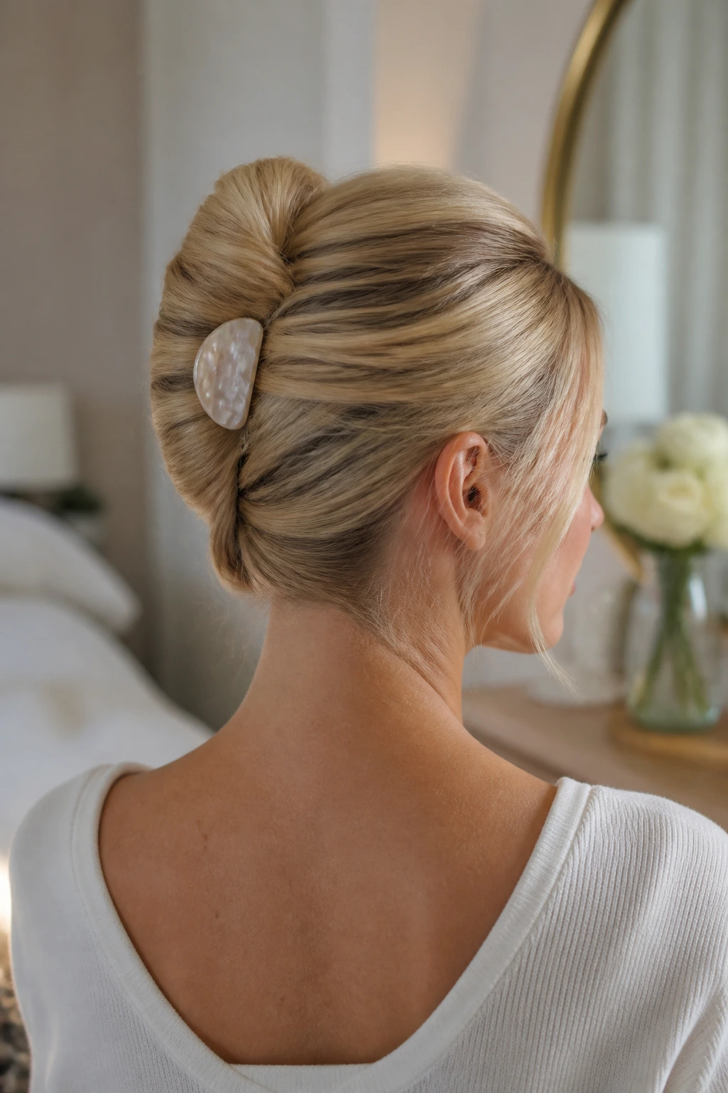 Close-up of a real woman with a French pin chignon at the nape, sleek twisted roll secured by a shell pin