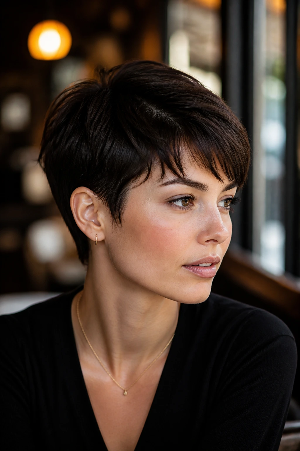 Close-up of a real woman with a French pixie hairstyle, cropped back and delicate fringe