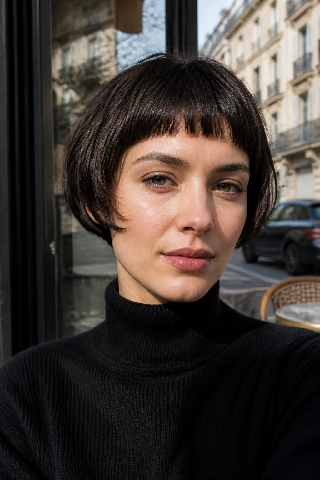 Portrait of a real woman with French-girl pixie bob and micro bangs.