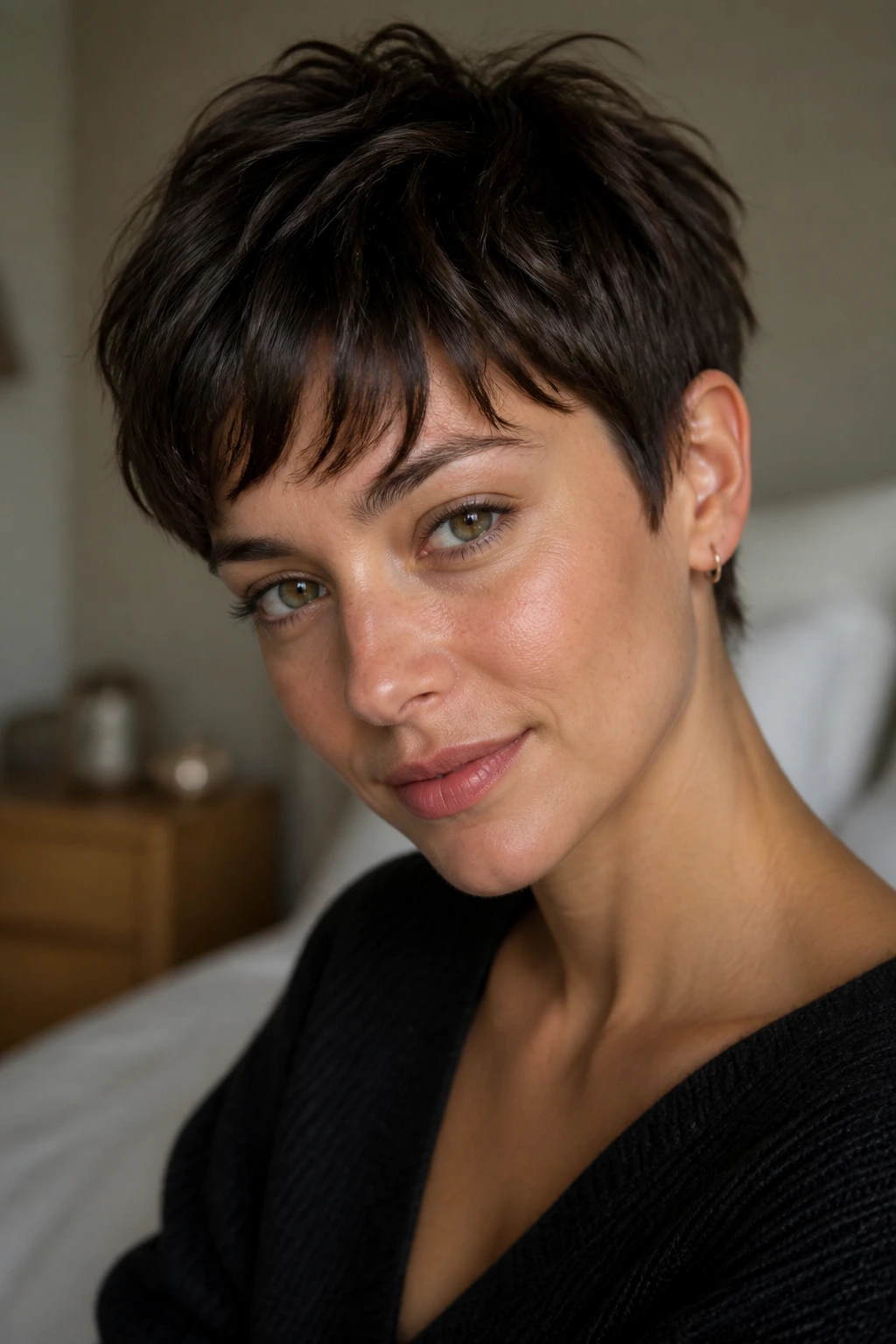 Close-up portrait of a real person with French pixie and piecey bangs