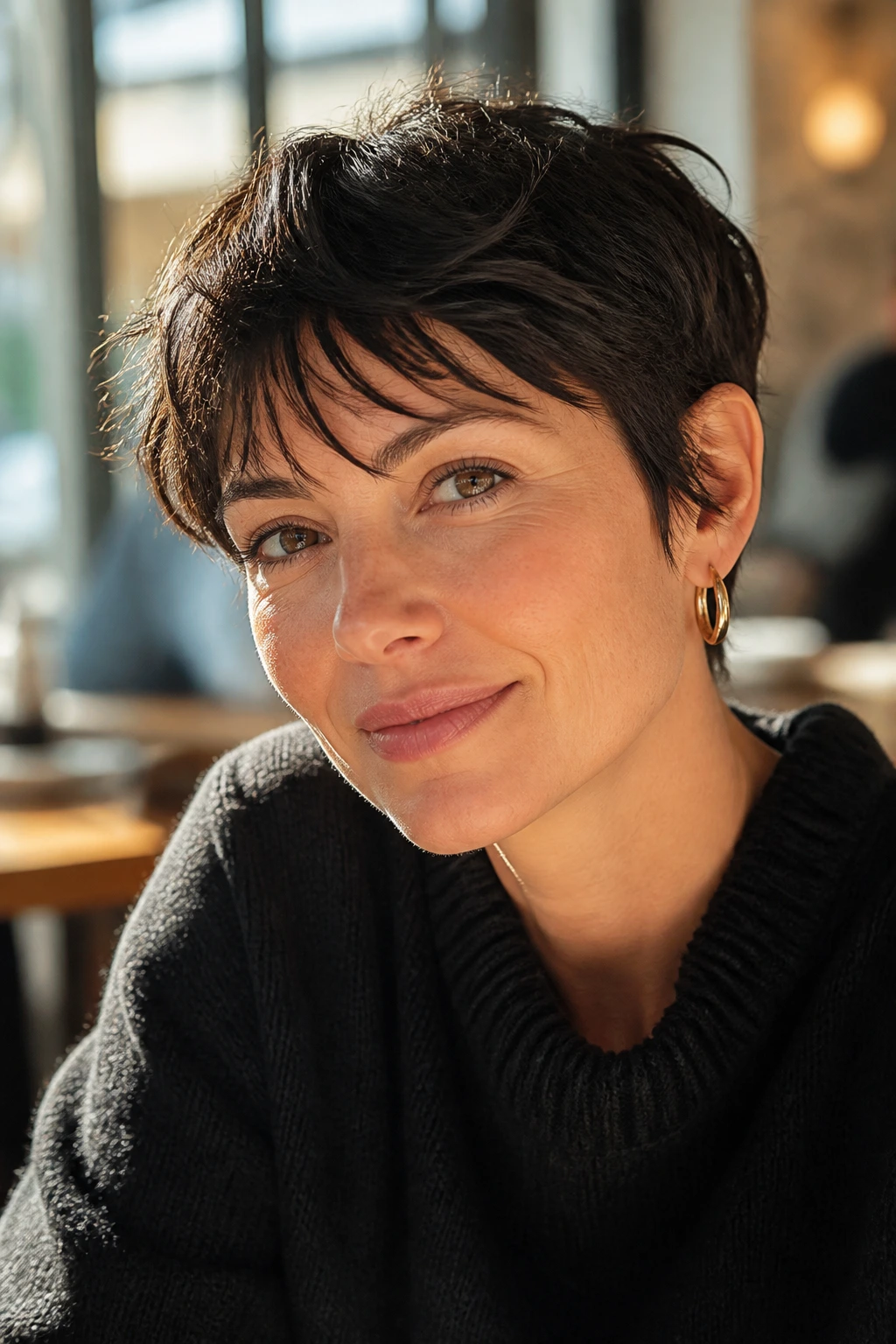 Real woman with relaxed French pixie in cafe daylight