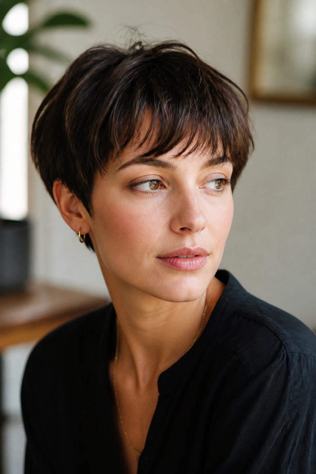 Close-up of a real woman with French pixie and soft fringe