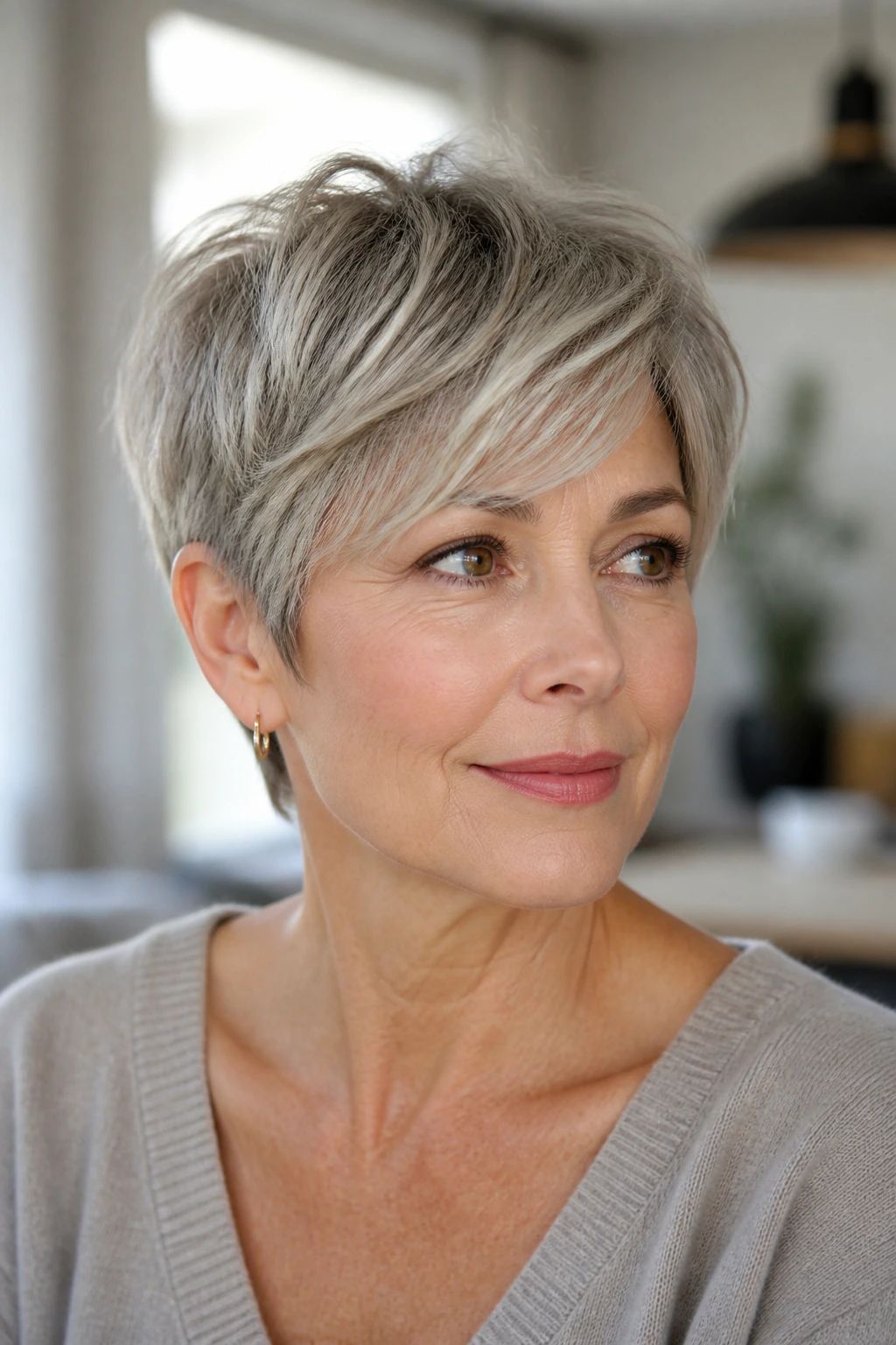 Portrait of a real woman with a French pixie featuring soft movement and longer fringe in natural daylight