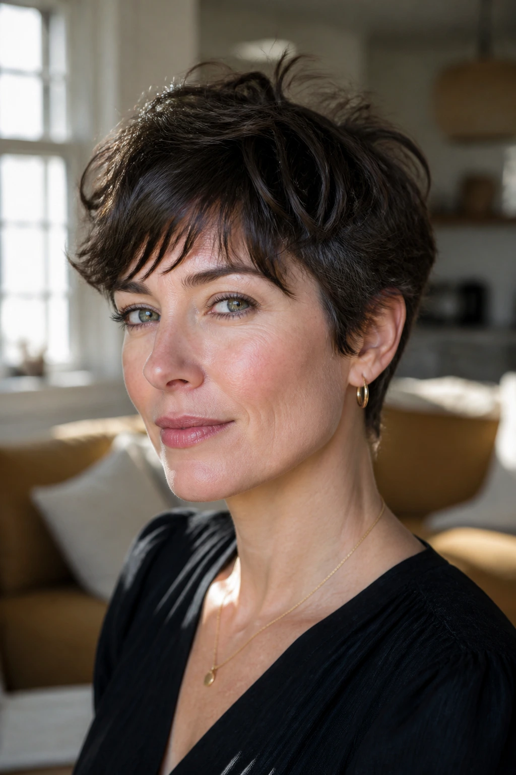 Close-up portrait of a real woman with a textured French pixie and airy fringe in a sunlit room.