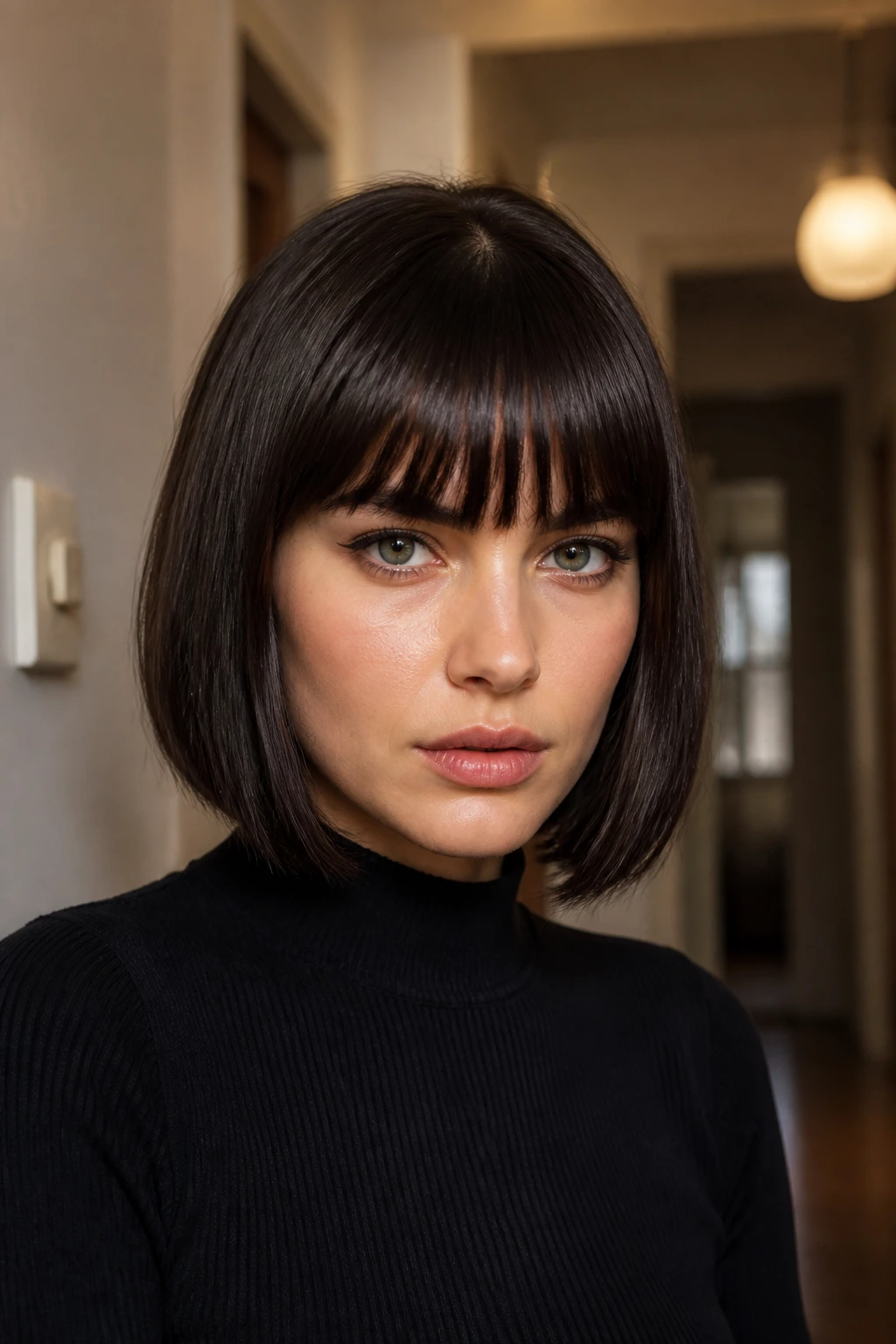 Close-up of a real woman with a French Roast bob and blunt fringe