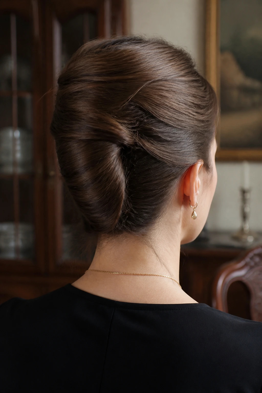 Back view of a woman with a tall French roll bun along the back of the head