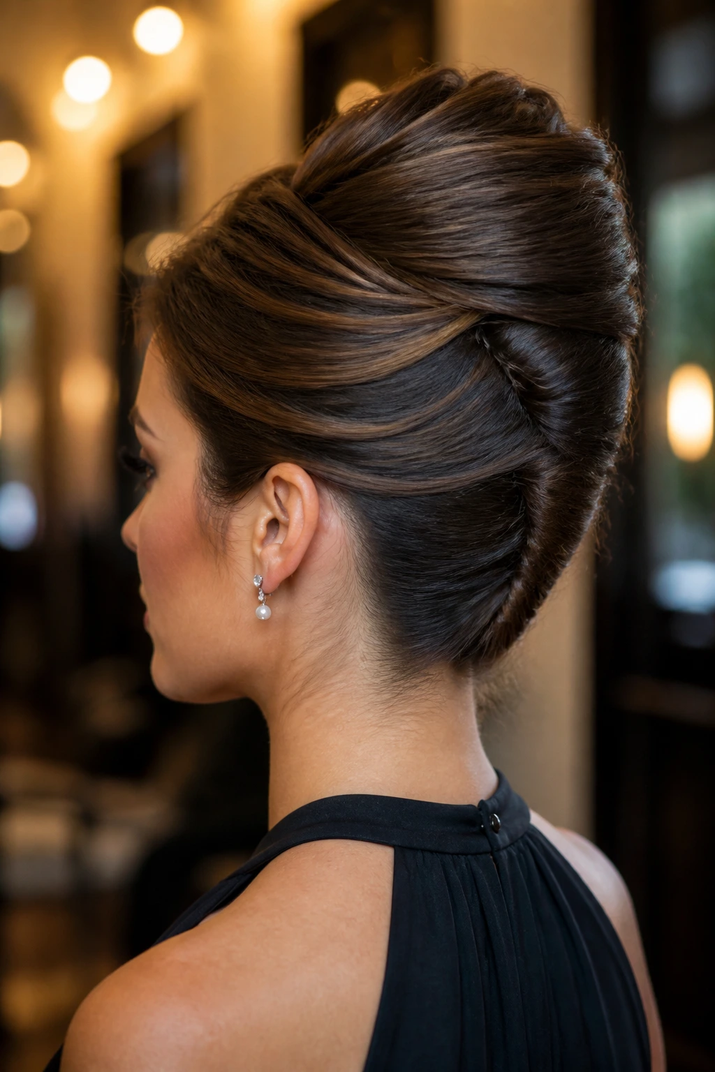Close-up of a real woman with a vertical French Roll Chignon