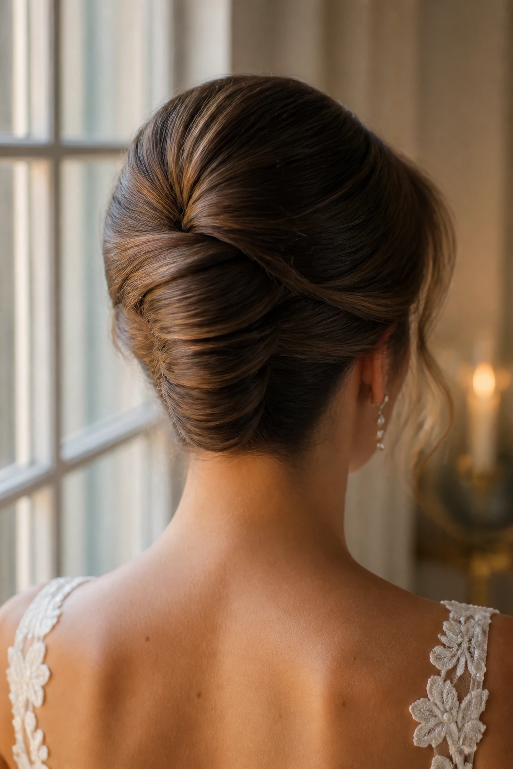 Back view of bride with French roll chignon