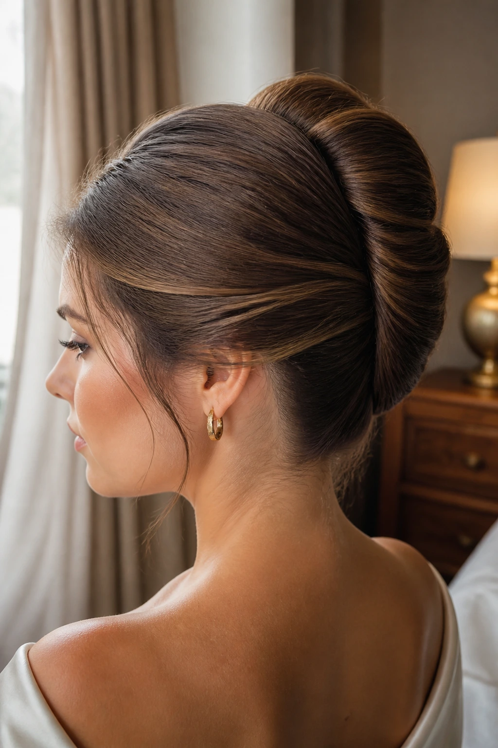 Close-up of a real woman with a French roll chignon showing a clean vertical seam and soft top curve.