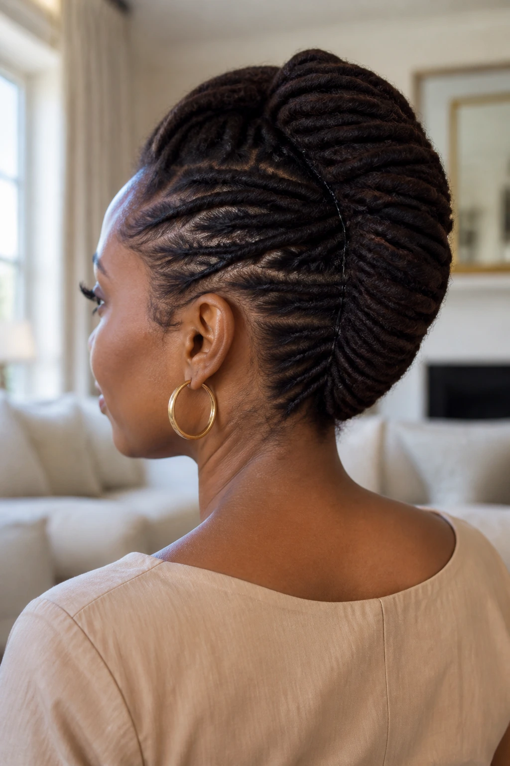Back/side portrait of a real woman with a French roll loc updo.