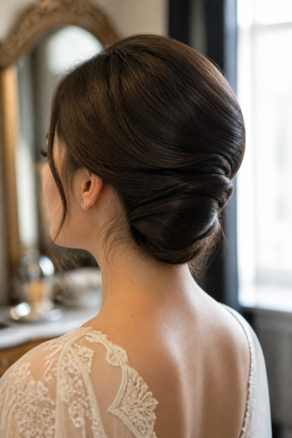 Close-up of real woman with tucked French roll low bun in a vintage bridal suite