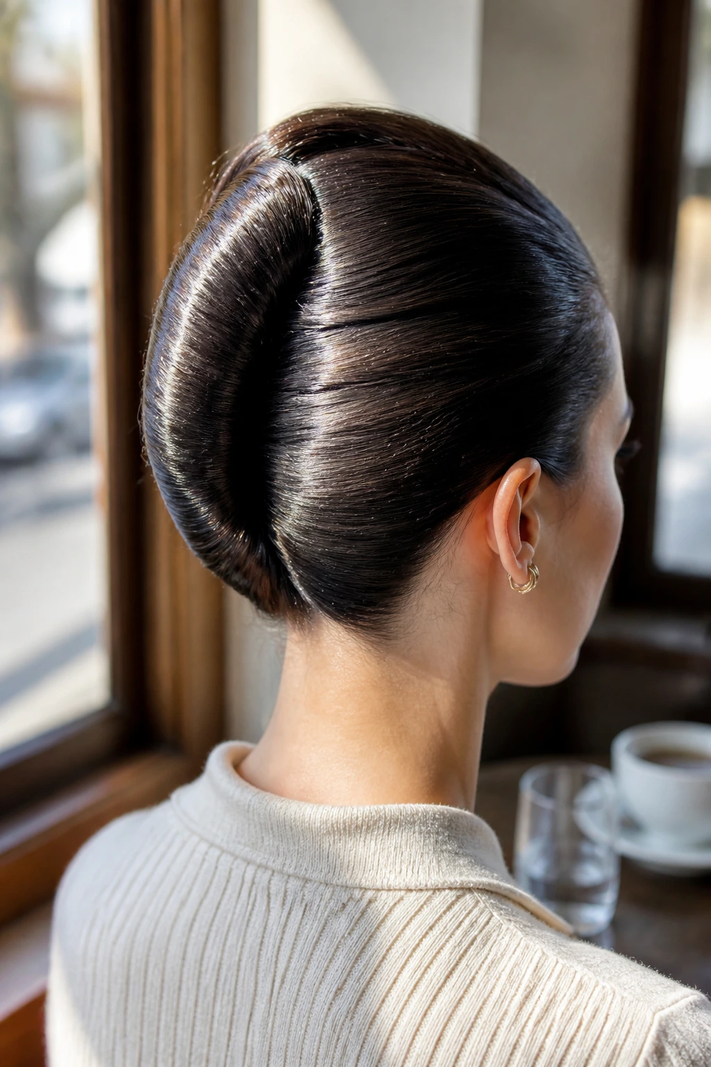 Three-quarter rear portrait of a real person with a glossy French roll.