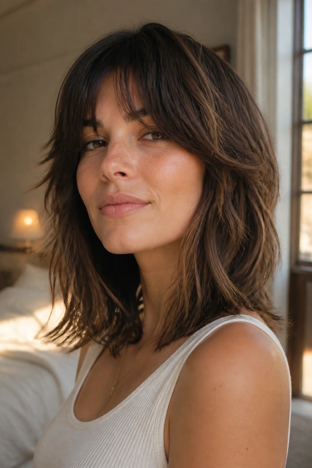 Close-up of a real woman with French Shag featuring Bottleneck Bangs and face-framing layers in warm window light