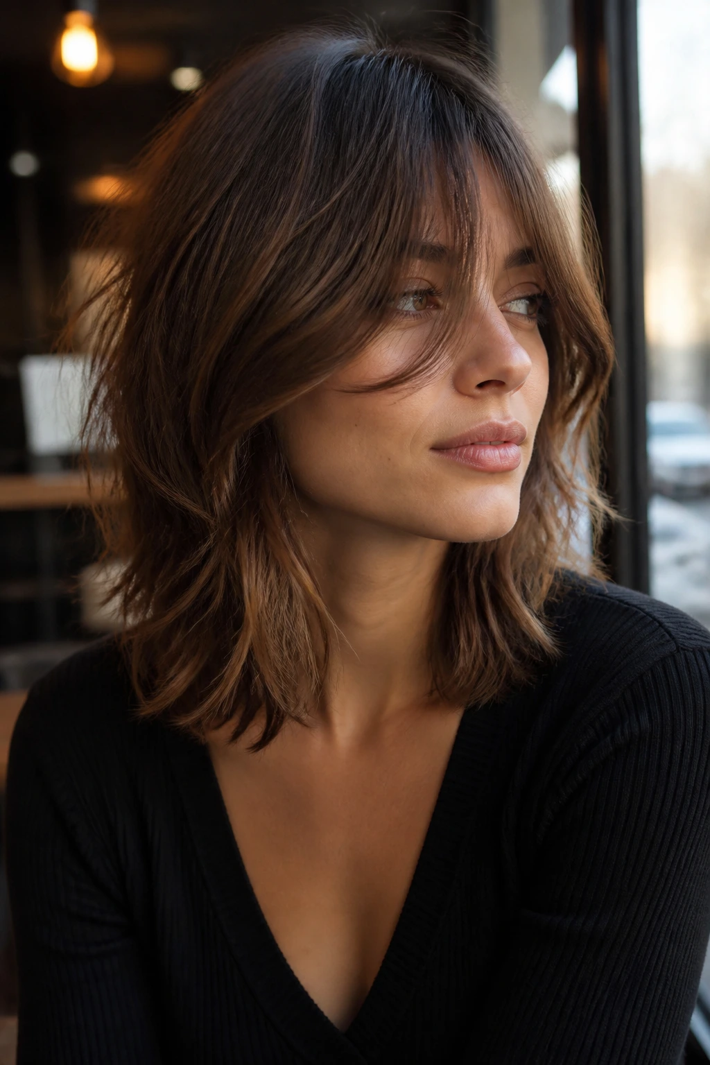 Portrait of a woman with cheekbone bangs and soft layered shag