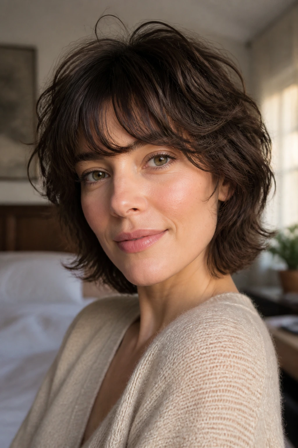 Close-up portrait of a real woman wearing a French shag with crescent bangs in soft window light.