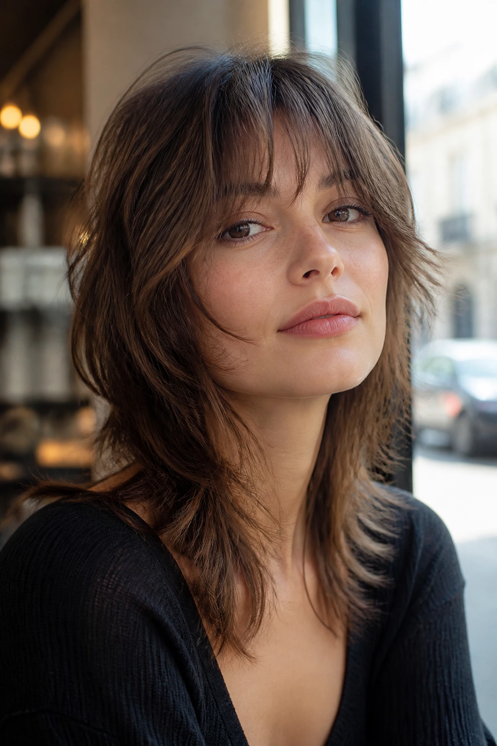 Close-up of a real woman with a soft fringe and cheekbone pieces in a cafe setting