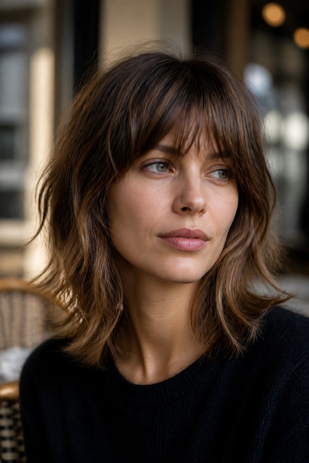 Portrait of a real woman with French shag featuring soft fringe and light layers