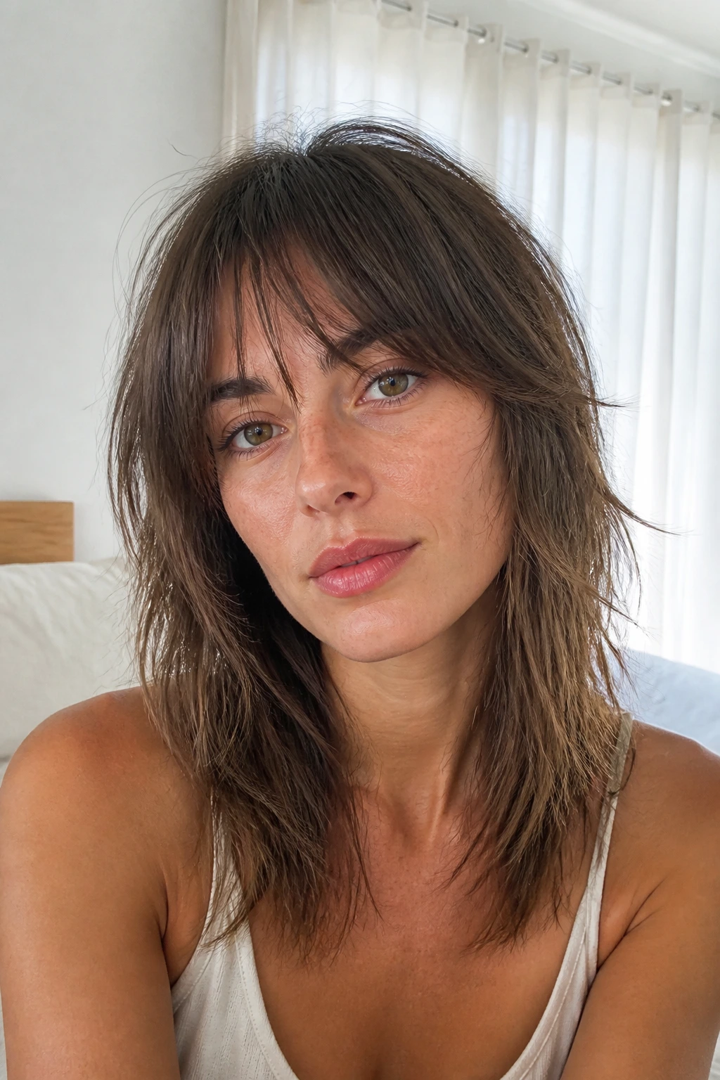 Close-up portrait of a real woman with French shag wispy fringe hairstyle