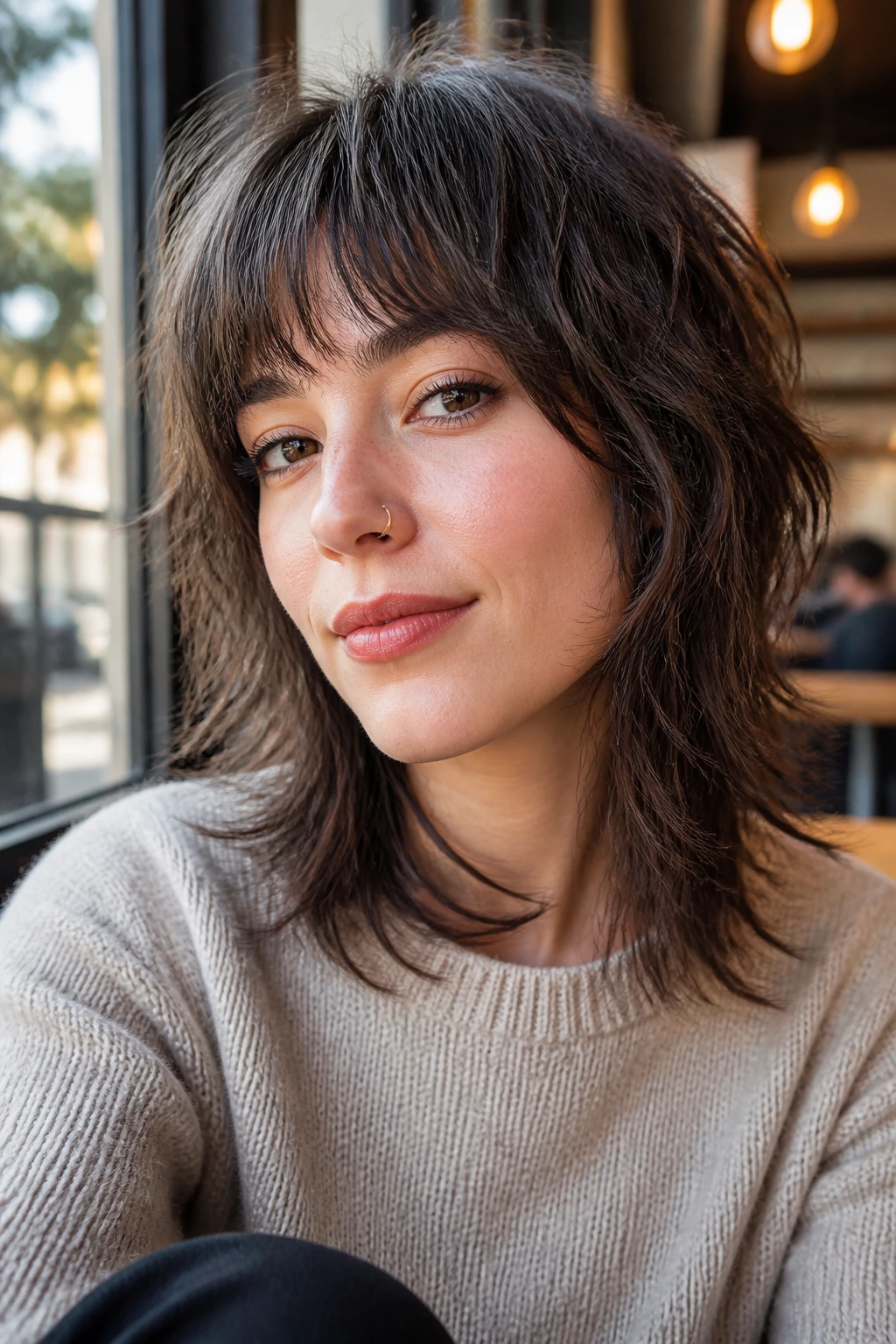 Close-up portrait of a real person with French shag wolf cut featuring soft layers around the face.