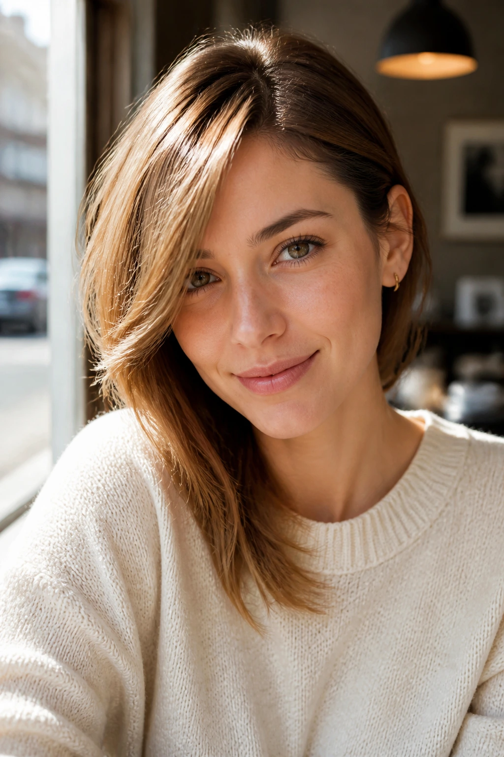 Real woman with French side sweep bangs at cafe window