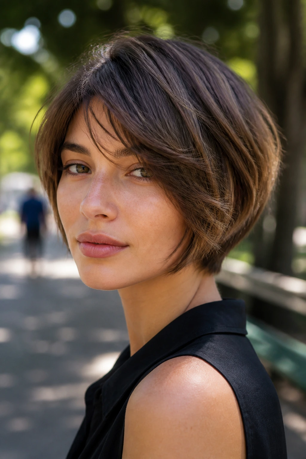 Portrait of a woman with a soft-edged French stacked bob