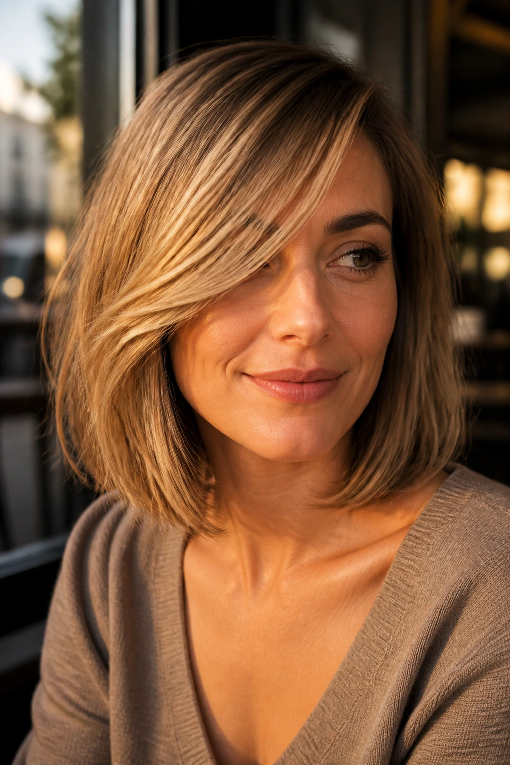 Close-up of a real woman with French Sweep Lob side-swept front across forehead