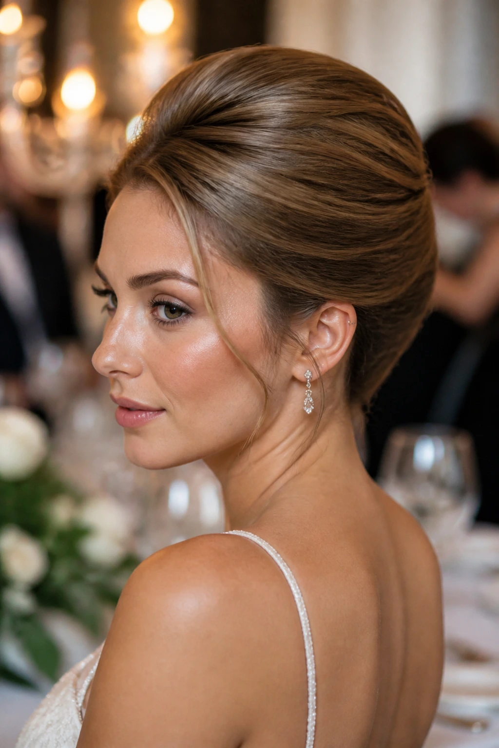 Close-up portrait of a real woman with French twist bouffant and crown lift