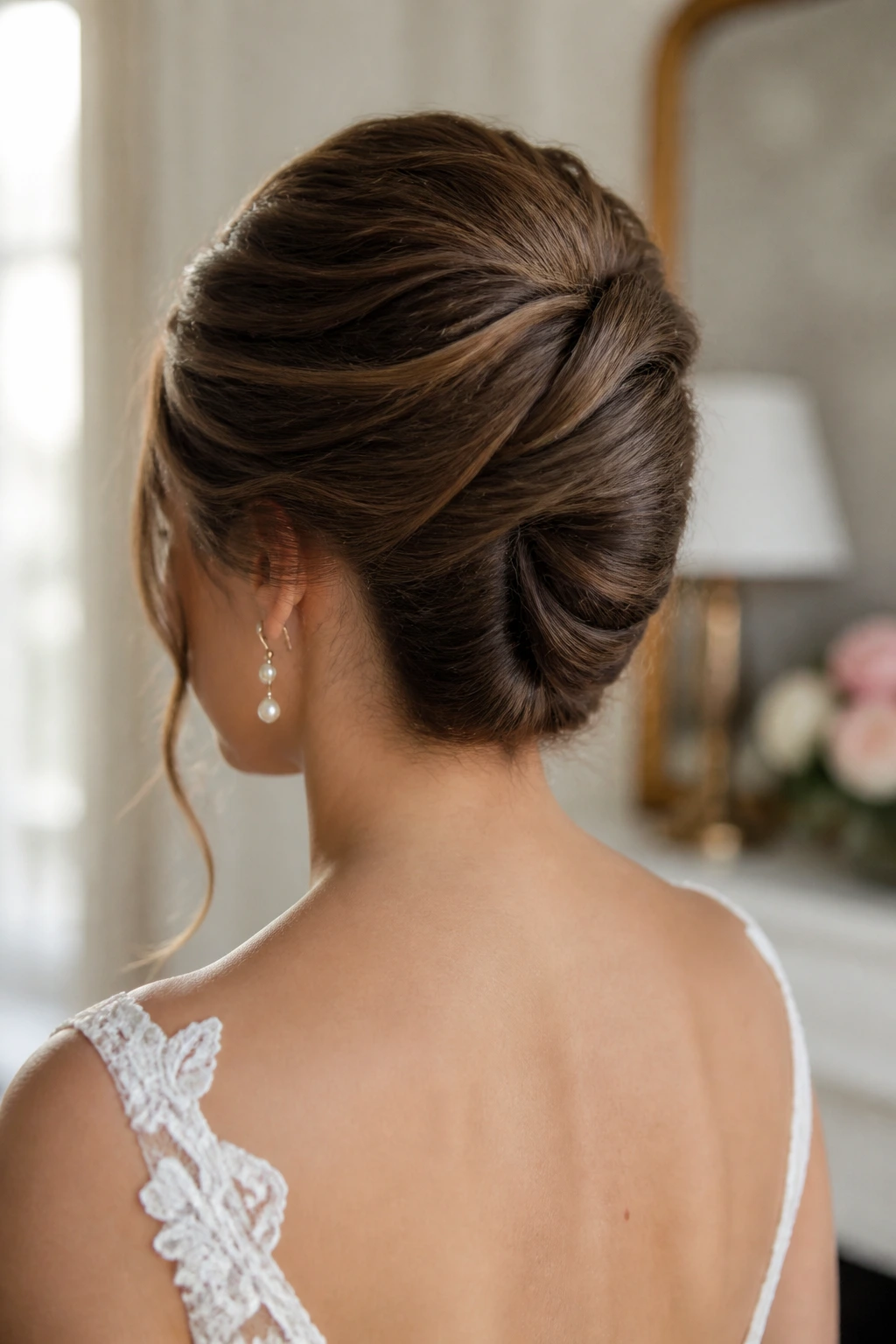 Close-up of a real bride with a French twist and soft volume