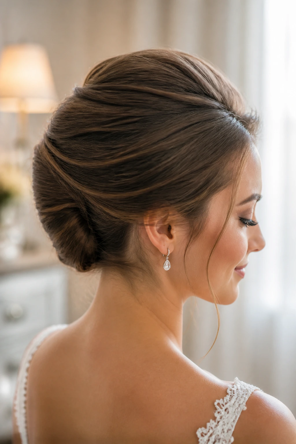 Close-up of a real bride with a French twist and soft crown volume