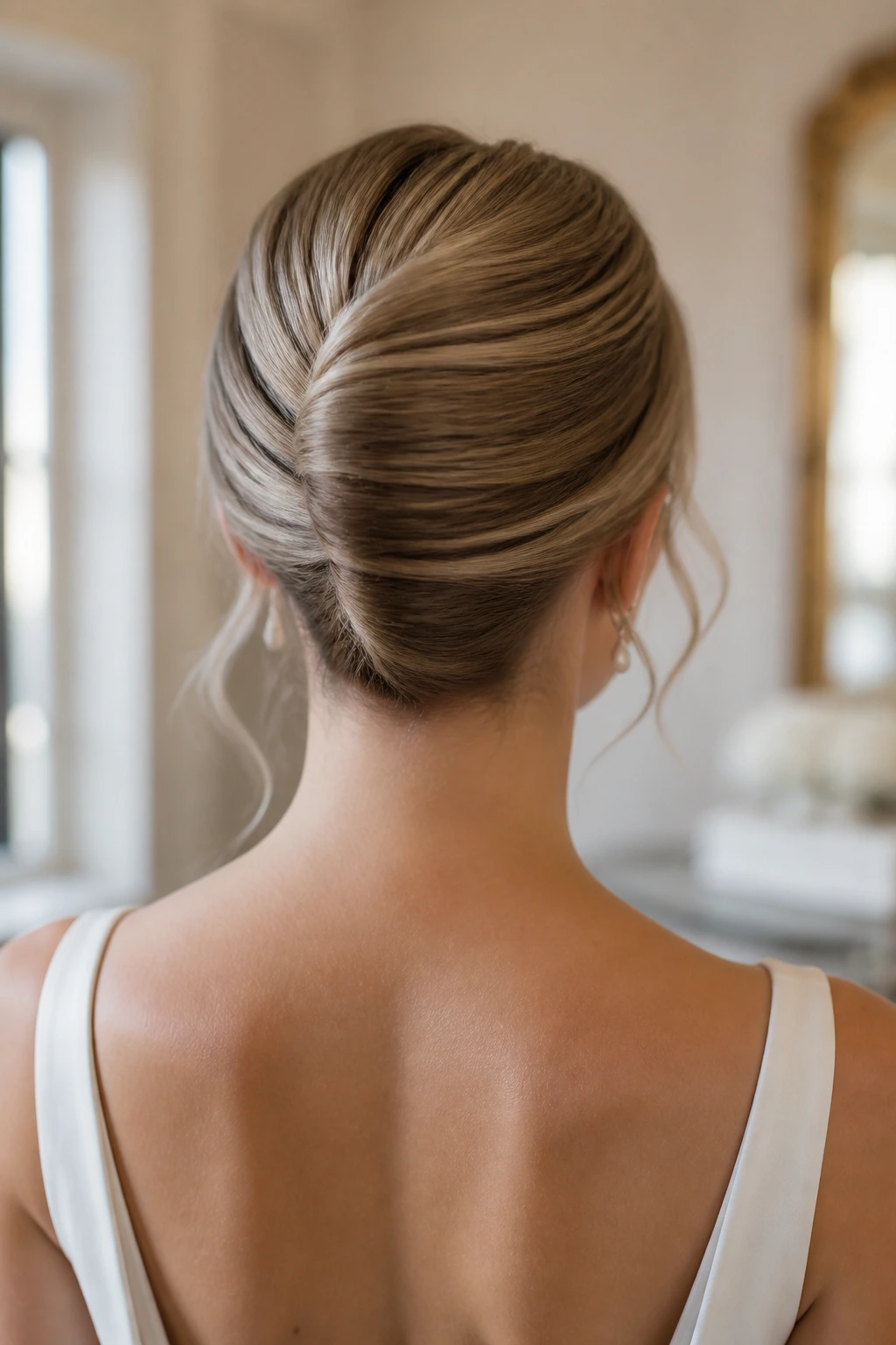Back-of-head view of a bride with a sleek tucked-under French twist