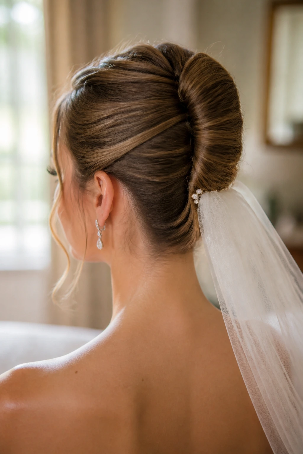 Close-up of a bride's head showing a rolled French twist with a center seam
