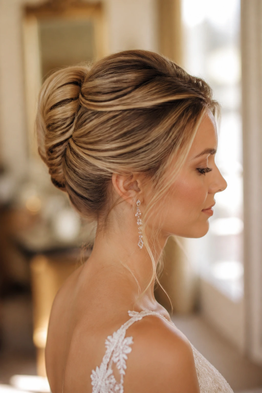 Side-profile of bride with French twist and soft ends in warm dressing room