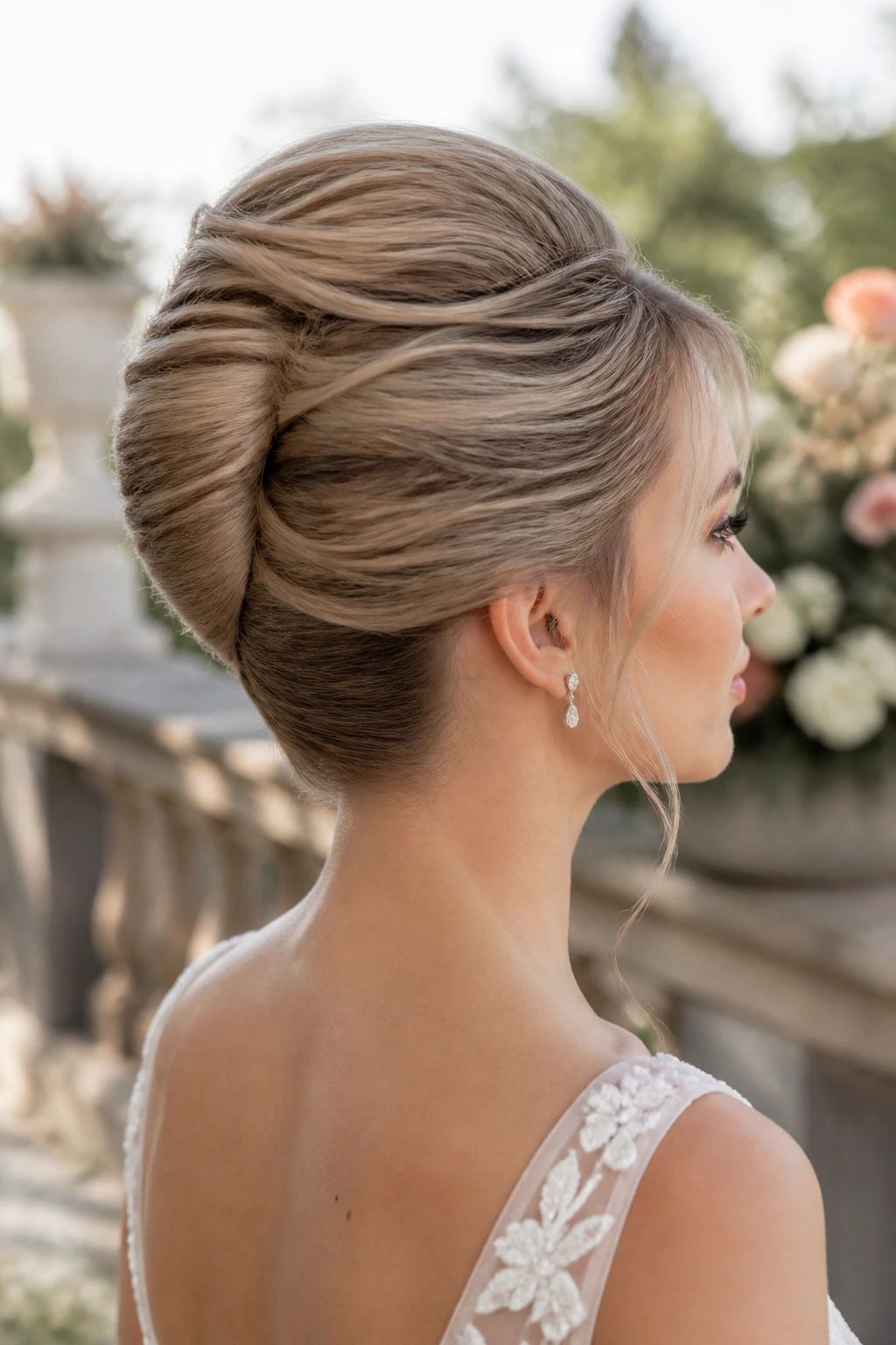 Bride wearing a French twist with a soft lift in an outdoor setting