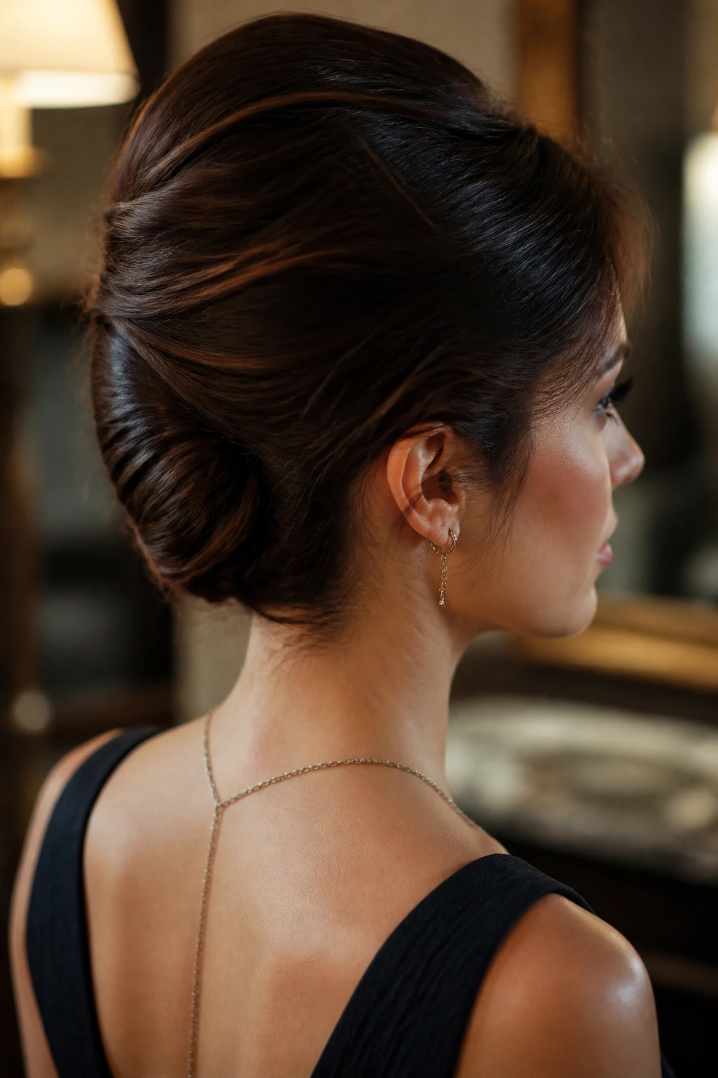 Close-up profile of a real woman with a French twist low bun at the nape