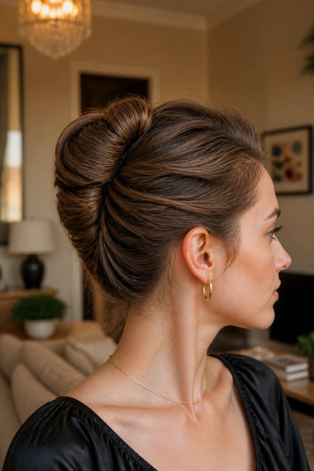 Portrait of a real woman in a French twist bun tucked in itself