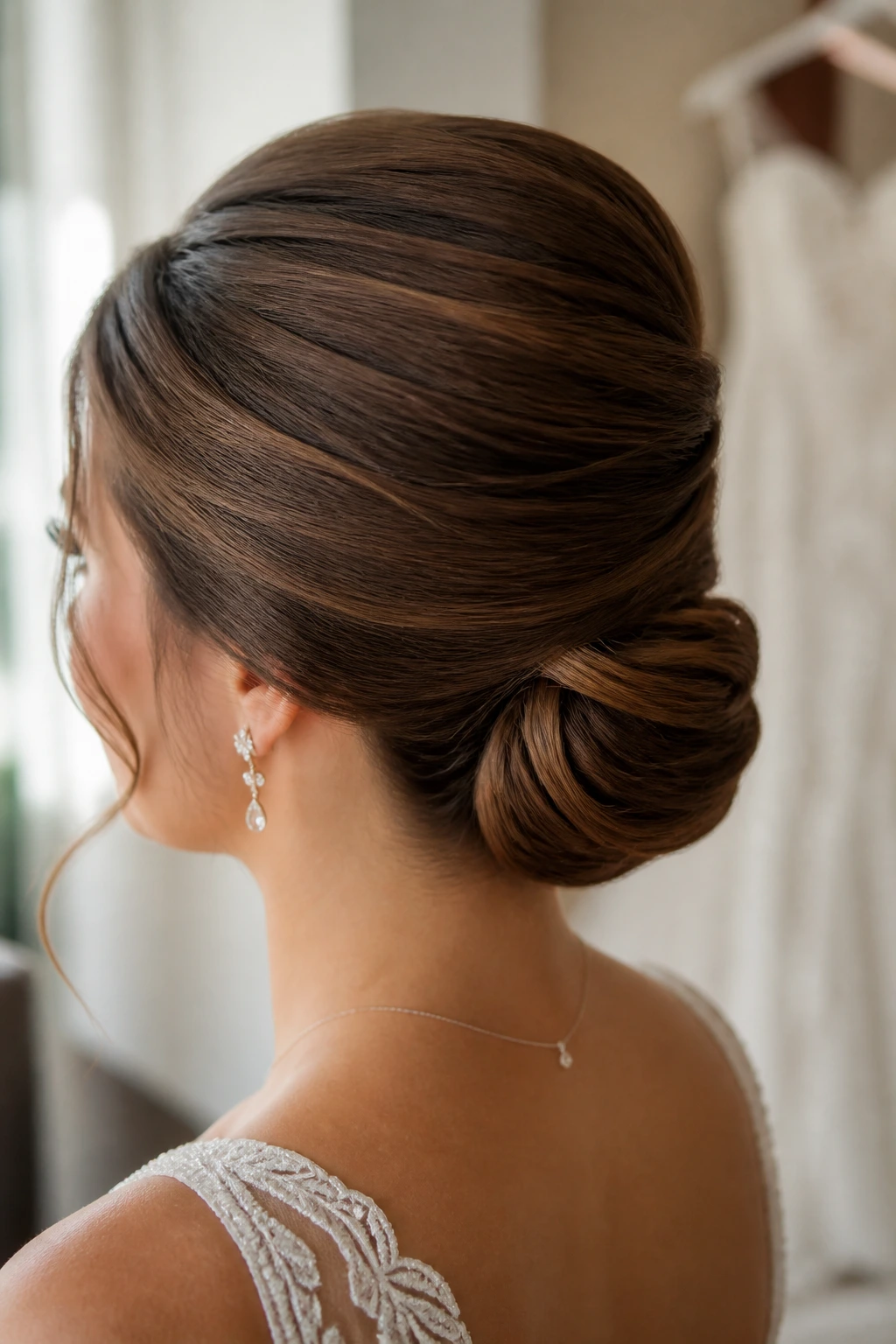 Close-up rear view of a real bride with a French twist forming a low nape bun, warm window light