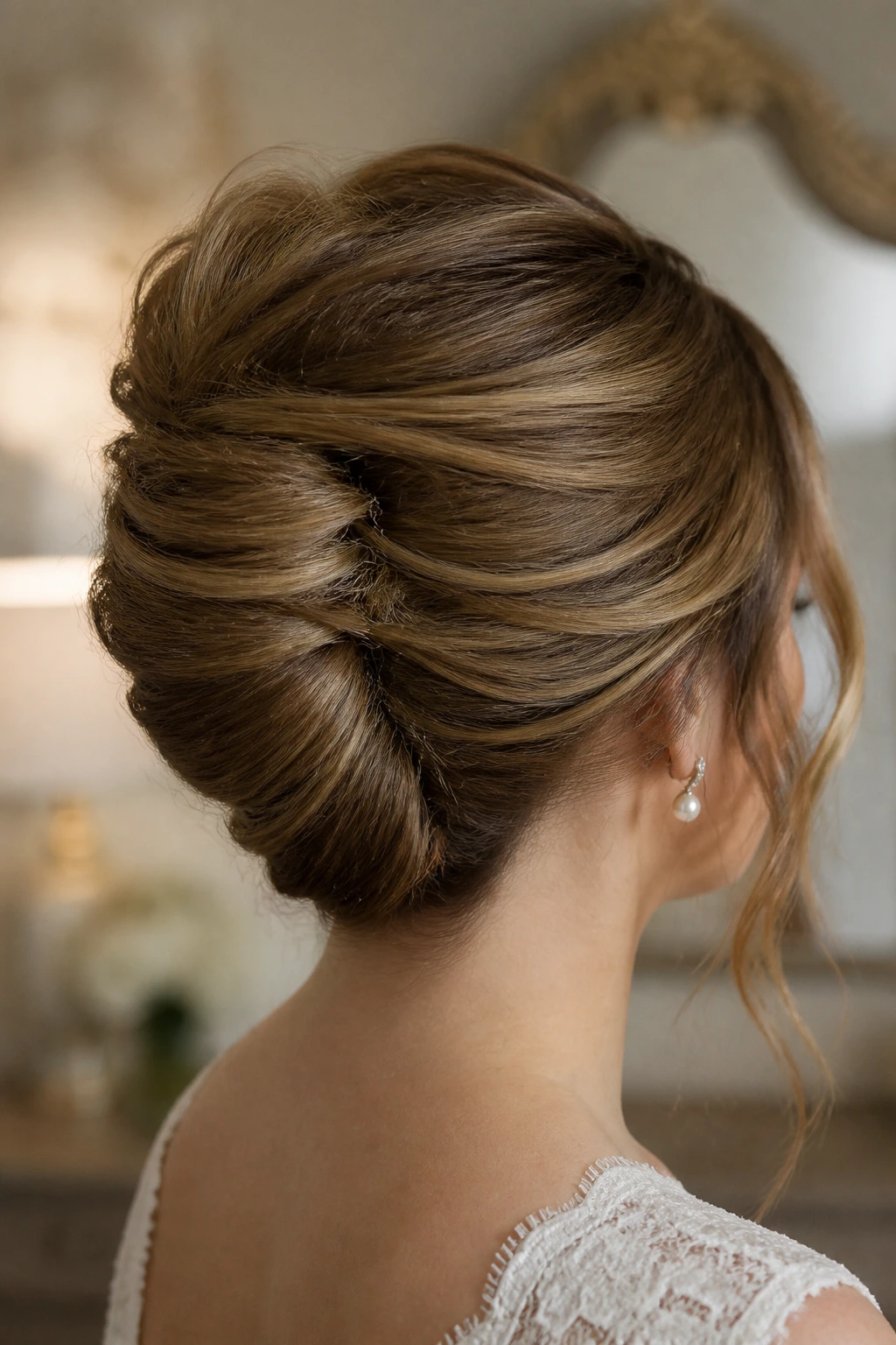 Bride wearing a slightly undone French twist bun.