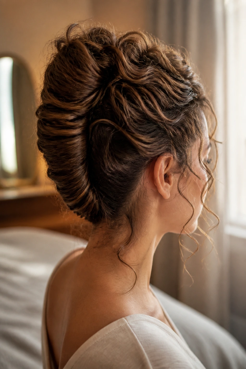 Side view of a real person with a French twist bun and curls escaping