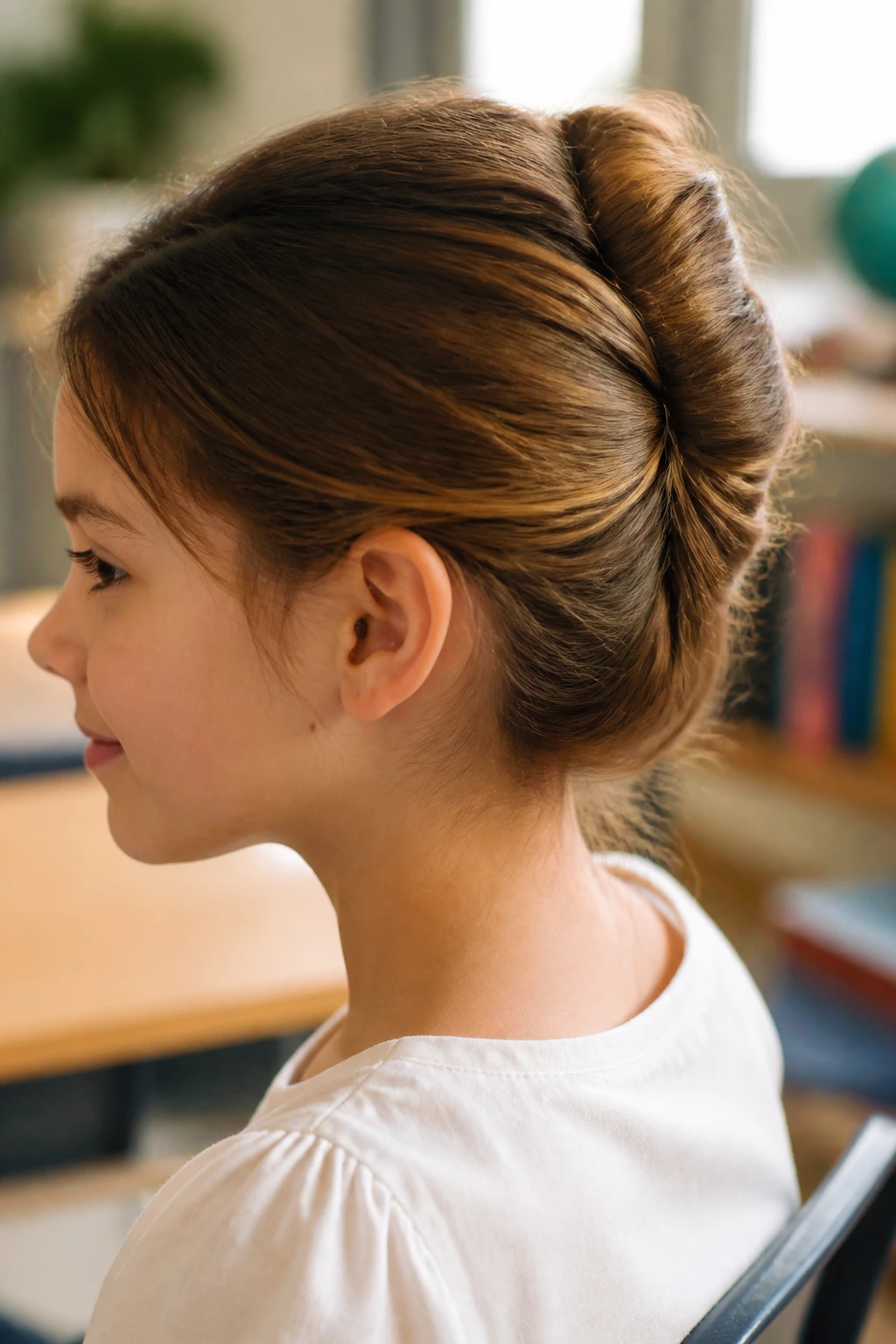 Small French twist mini bun at the nape of a real girl's head