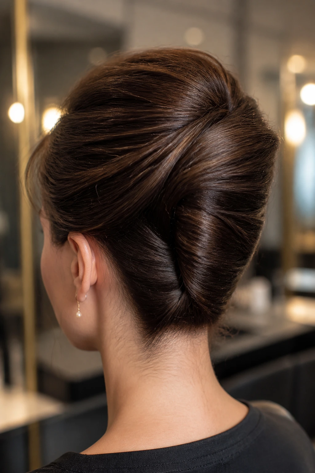 Close-up of a real woman with a French twist bun in a chic salon setting.