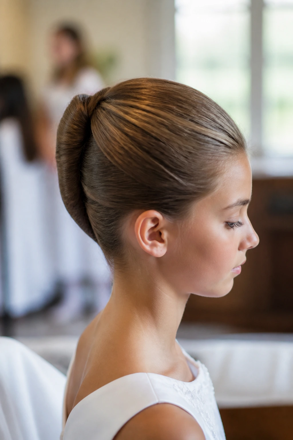 Close-up of a real child’s head wearing a French twist with a smooth crown in soft natural light