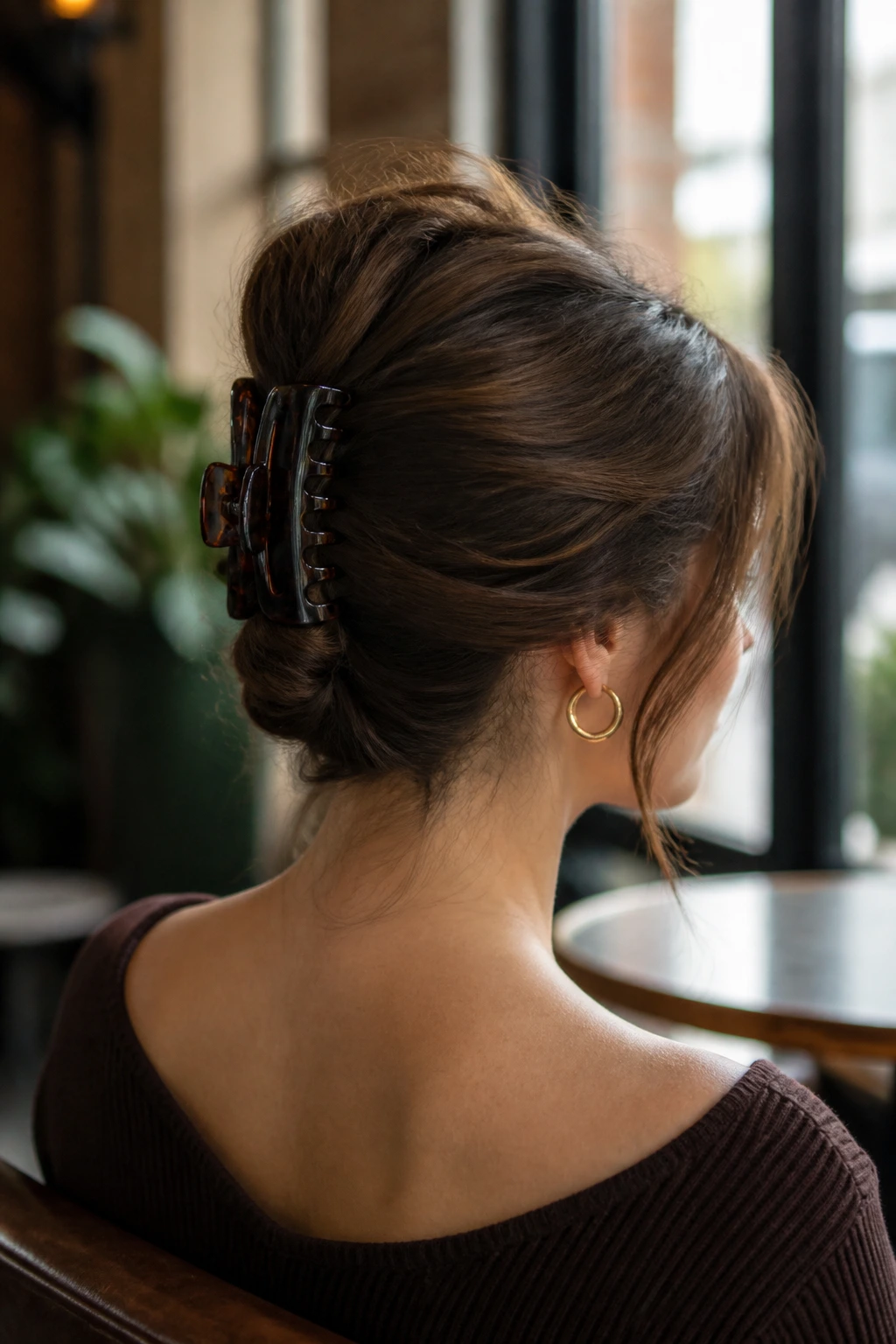 Close-up portrait of a real woman with a claw-clip French twist on shoulder-length hair.