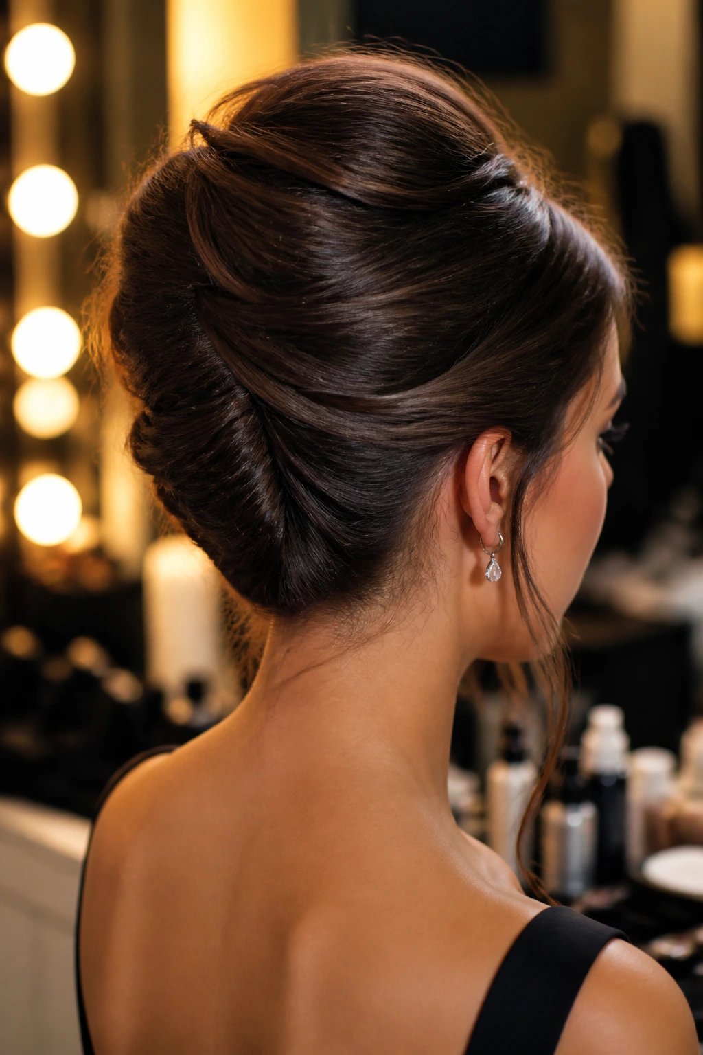 Three-quarter rear view of a woman with a French twist and crown volume