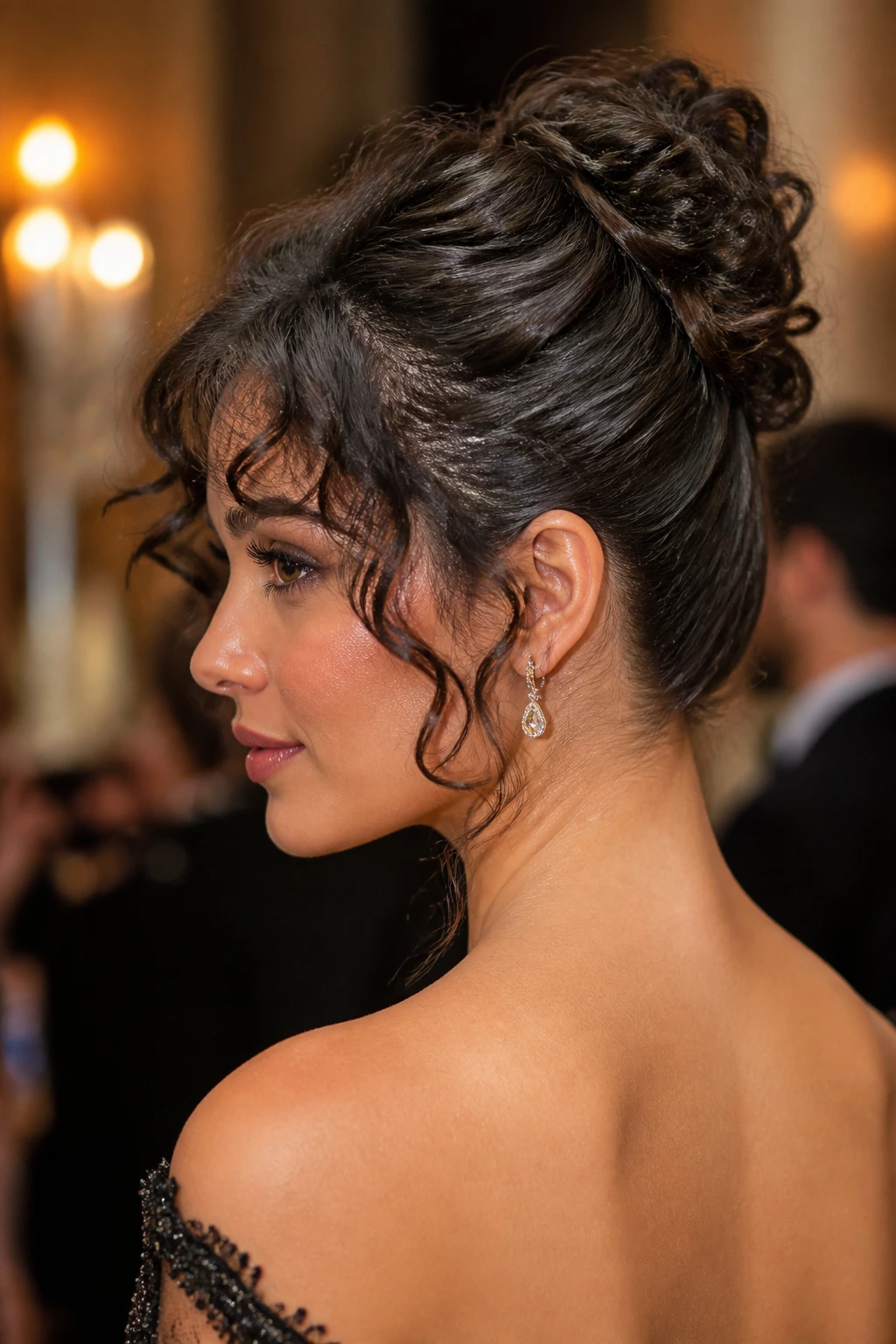Close-up of a real woman with a textured French twist and curled fringe.